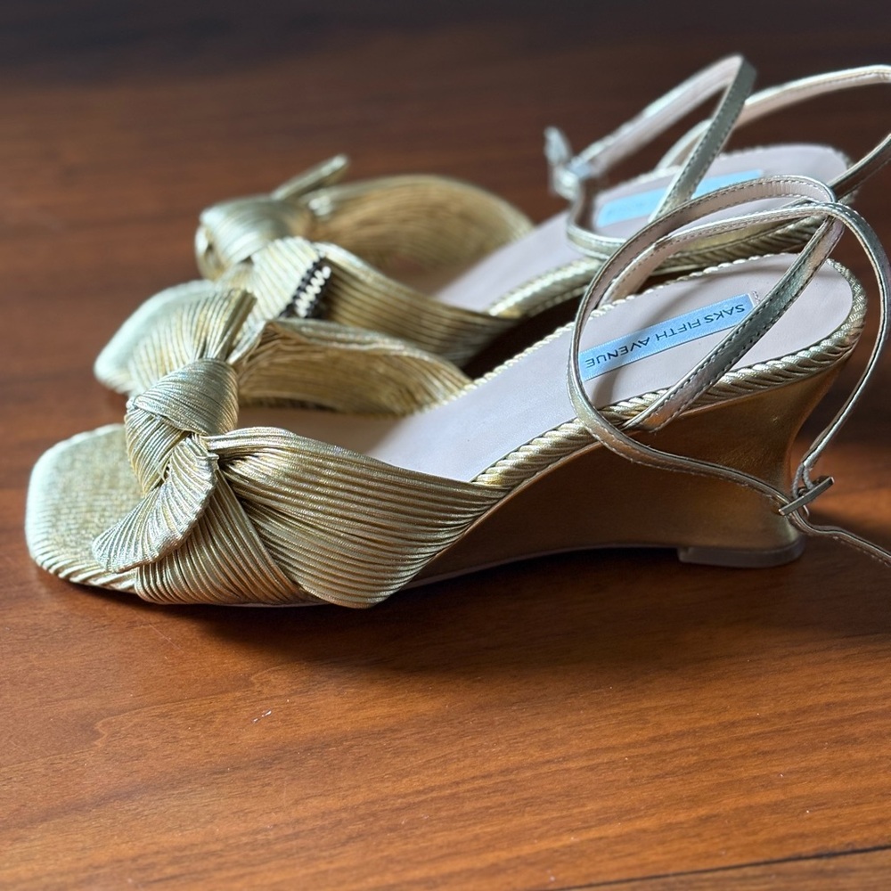 Saks Fifth Avenue Gold Wedge Sandals with Ankle Strap